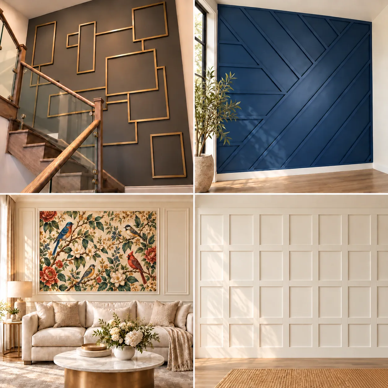 Six decorative moulding options shown on a living room wall