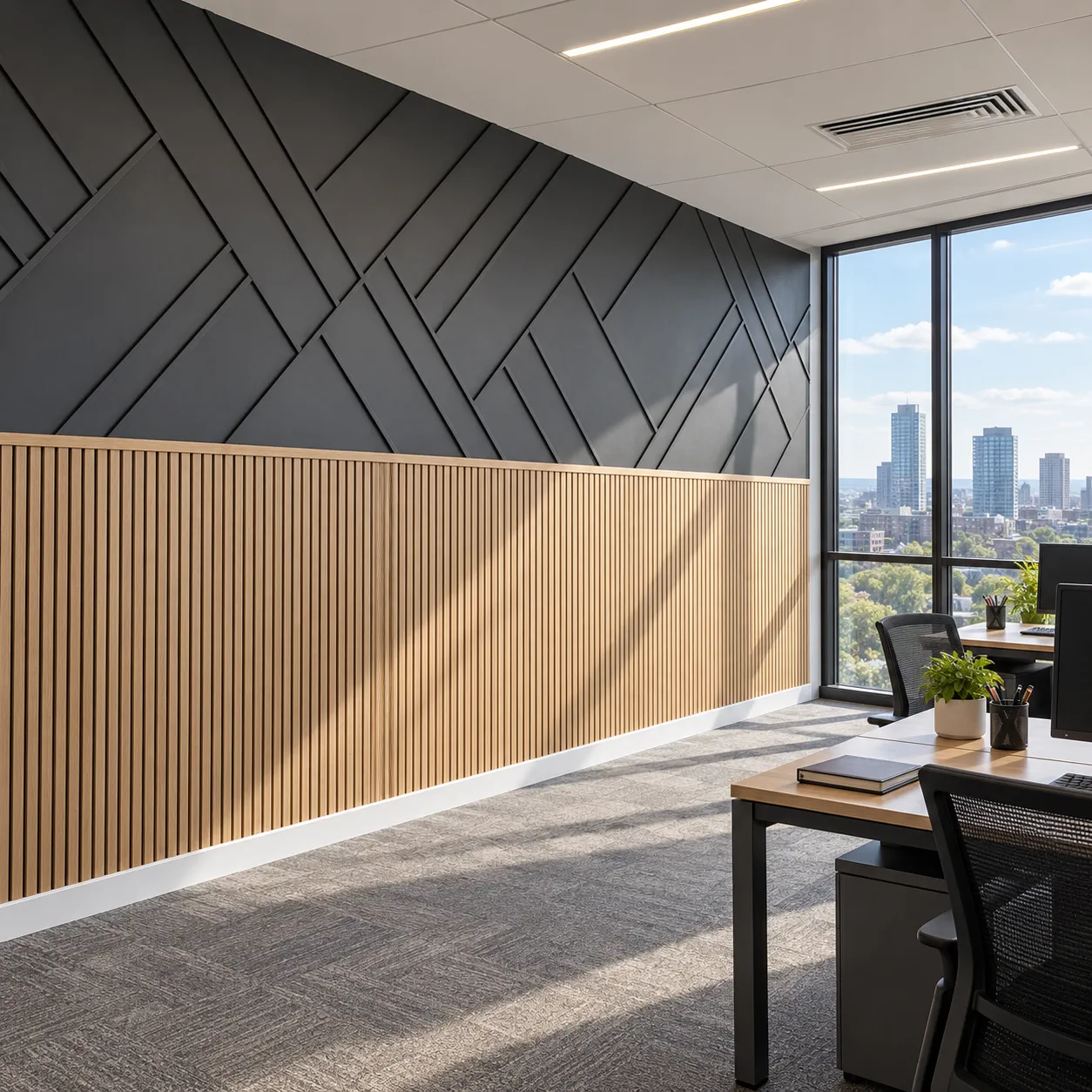 Commercial Geometric Moulding & Wood Slat Feature Walls